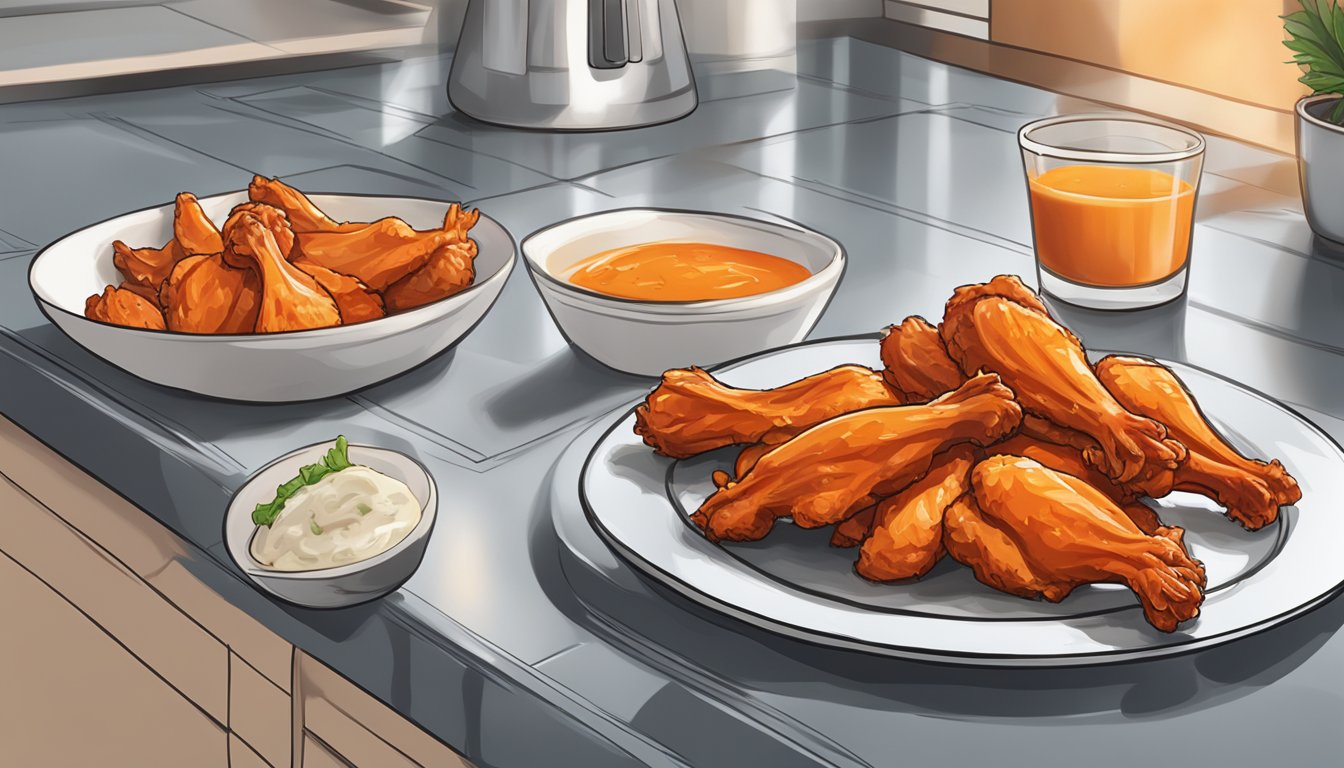 A plate of buffalo chicken wings sits on a kitchen counter, with one wing showing signs of spoilage. The other wings appear fresh and ready to eat