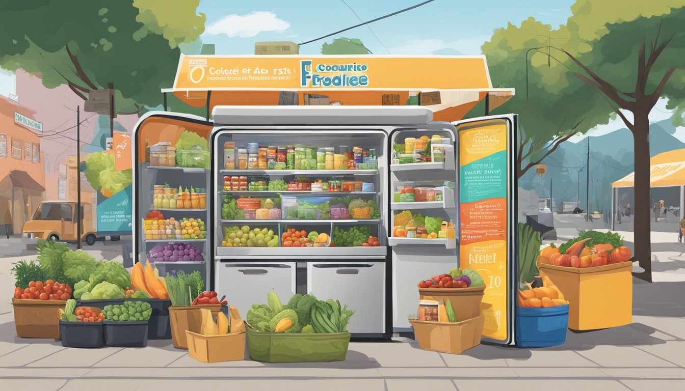 A bustling local community fridge filled with fresh produce and food items, surrounded by colorful murals and posters promoting guidelines for contributing