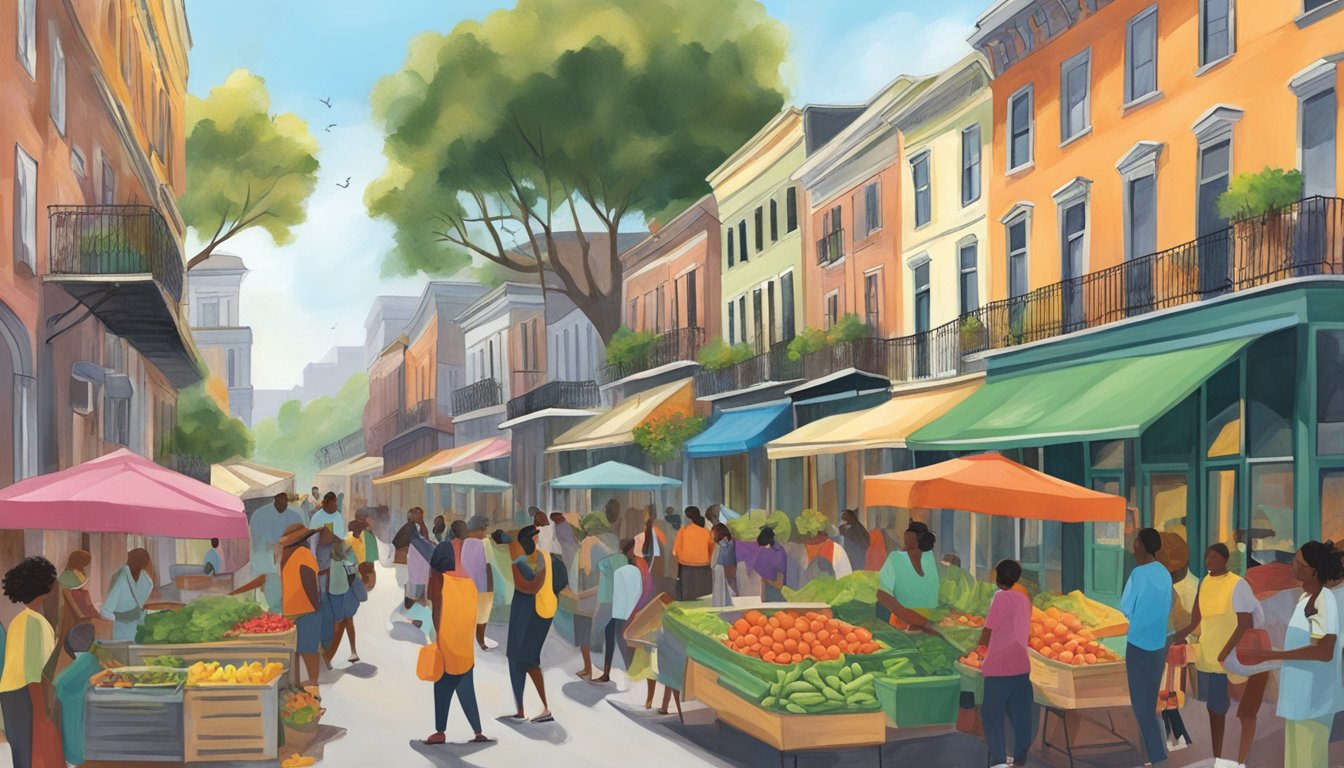 A bustling New Orleans street with a colorful community fridge filled with fresh produce and food items, surrounded by locals engaging in sustainable practices