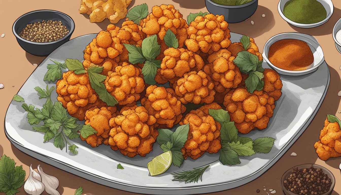 A plate of buffalo cauliflower bites sits on a kitchen counter, covered in a plastic wrap. The bites are arranged neatly and surrounded by various spices and herbs