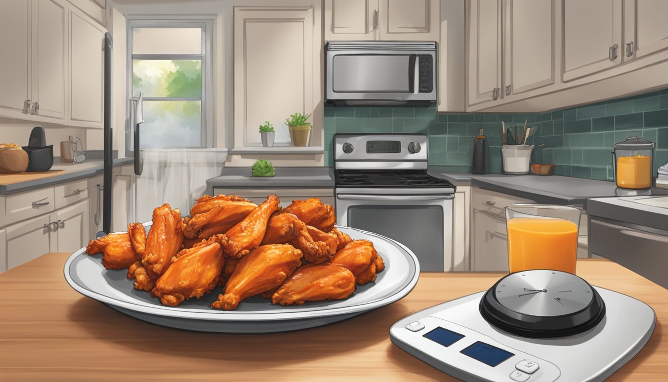 A plate of buffalo chicken wings sits on a clean kitchen counter, with a timer showing the time elapsed since they were cooked