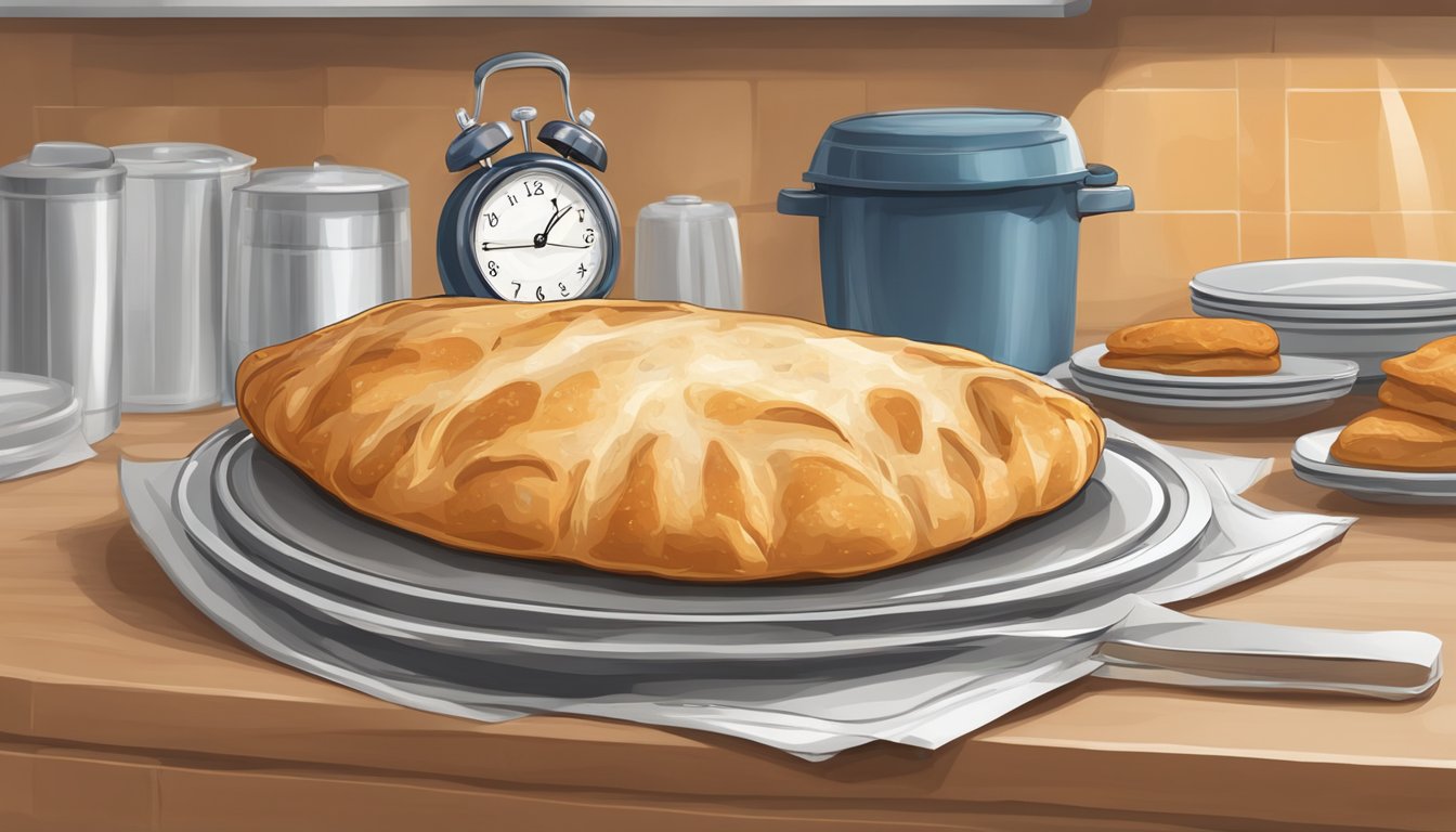 A calzone sits on a kitchen counter, wrapped in foil. The counter is clean and clutter-free, with a clock on the wall indicating the passage of time