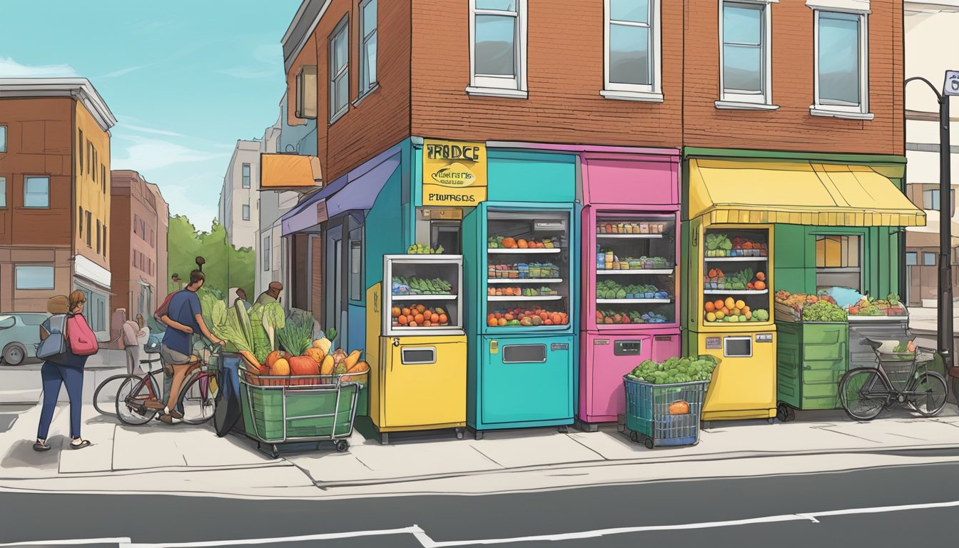 A bustling street corner in Lansing, Michigan, where a brightly colored community fridge stands, filled with fresh produce and canned goods. People stop to drop off donations and pick up items, creating a sense of shared responsibility and support