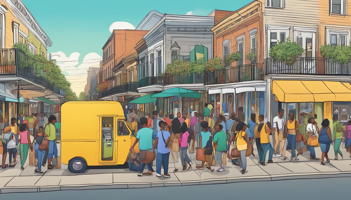 A bustling street in New Orleans with a colorful community fridge surrounded by people making financial contributions