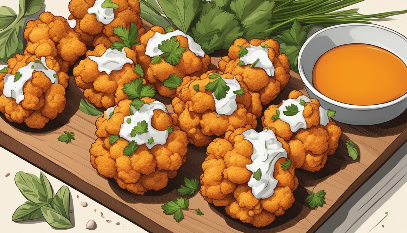 A plate of buffalo cauliflower bites on a wooden board, surrounded by dipping sauce and garnished with fresh herbs