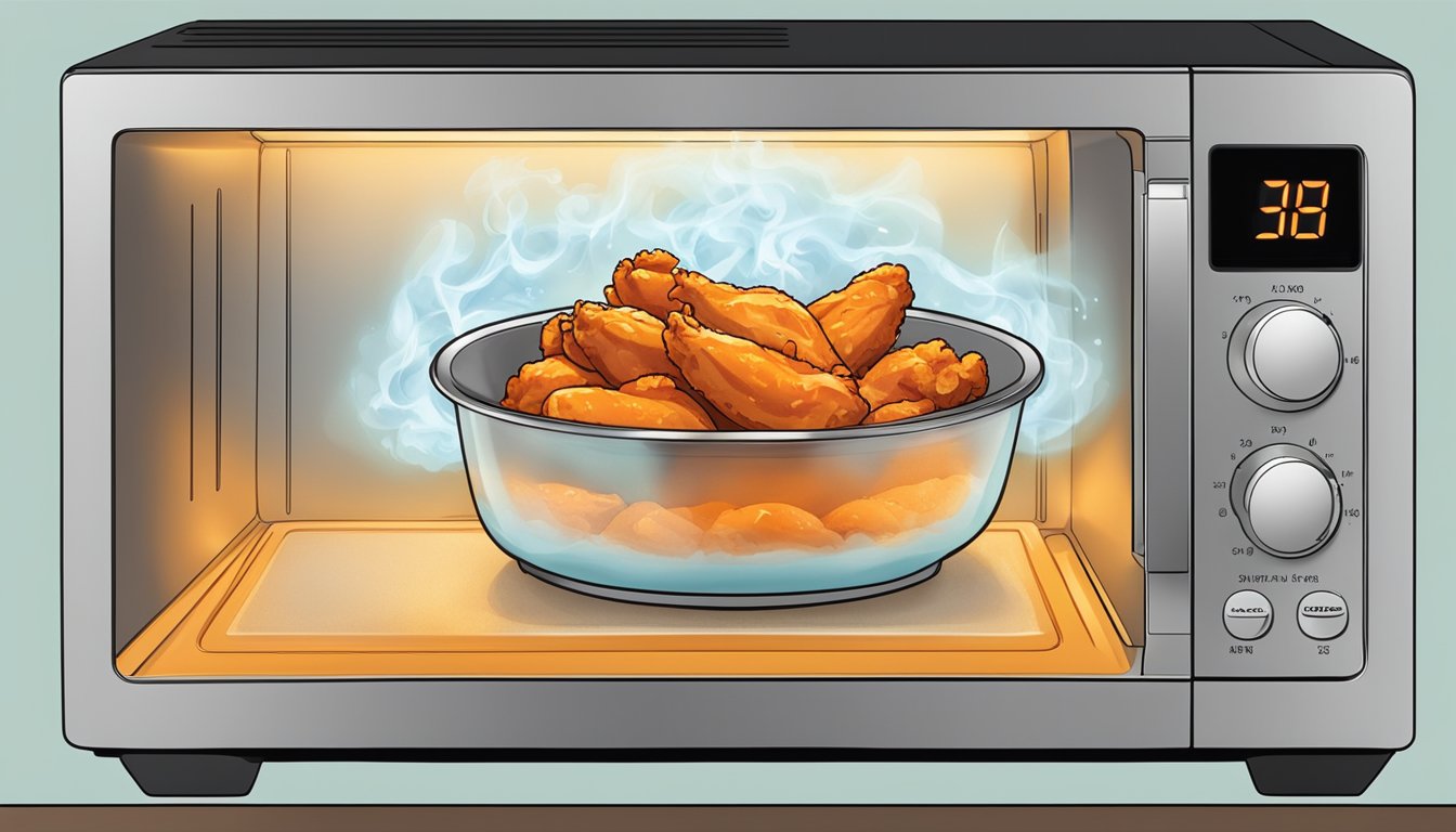 A plate of buffalo chicken wings sits in a microwave, with the timer set for optimal reheating. Steam rises from the hot wings, and the aroma of spicy sauce fills the air