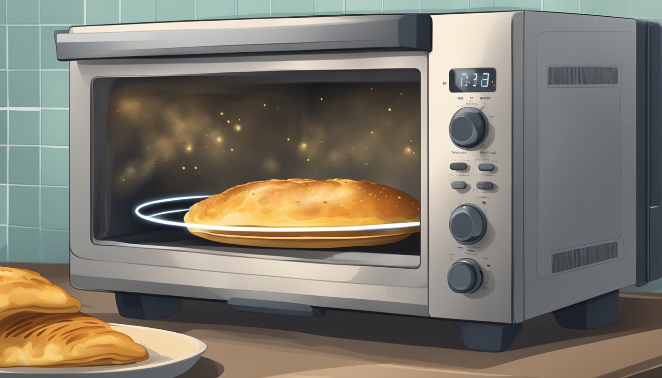 A calzone sits in a microwave, the timer counting down. Steam rises from the golden crust as it heats up