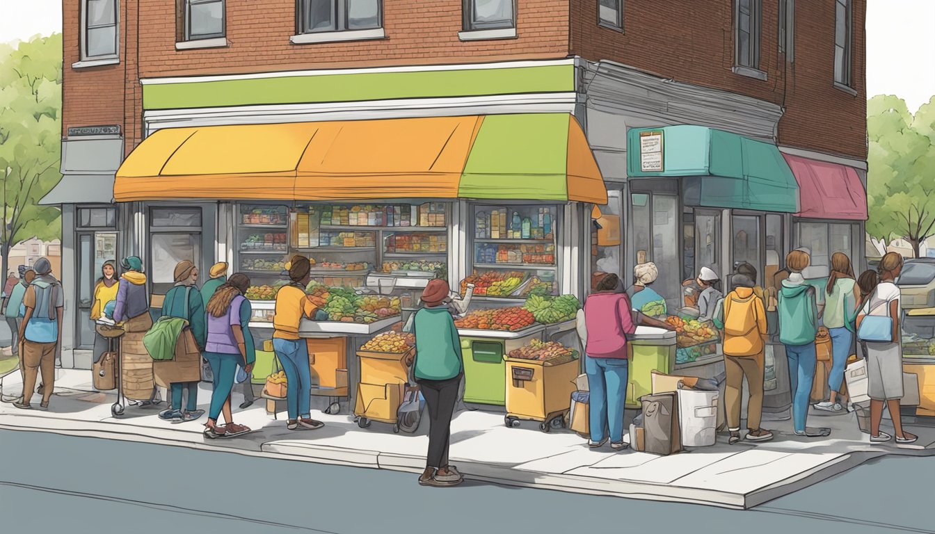 A bustling street corner in Lansing, MI, with a colorful community fridge surrounded by people donating and taking food