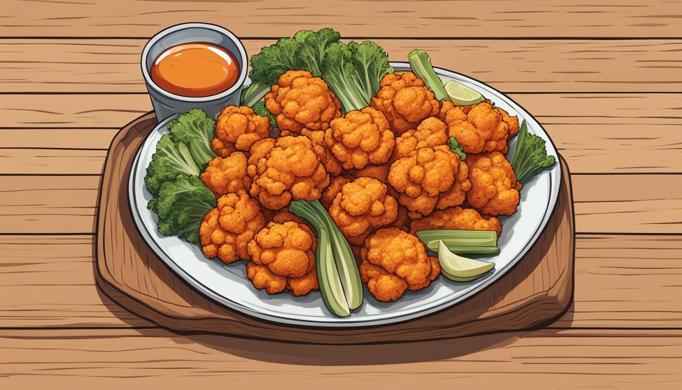 A plate of buffalo cauliflower bites sits on a wooden table, surrounded by fresh vegetables and a bottle of hot sauce