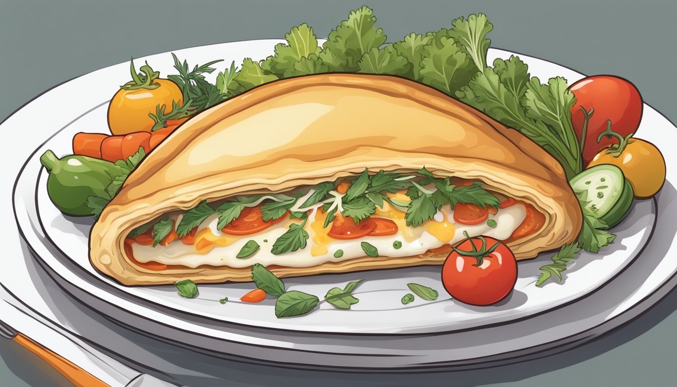 A freshly baked calzone sits on a clean, white plate, surrounded by colorful vegetables and herbs. The calzone is cut open to reveal the steaming, gooey cheese and savory filling inside