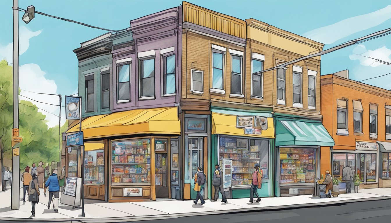 A bustling street corner in Lansing, MI with a colorful community fridge adorned with flyers and posters, drawing the attention of passersby