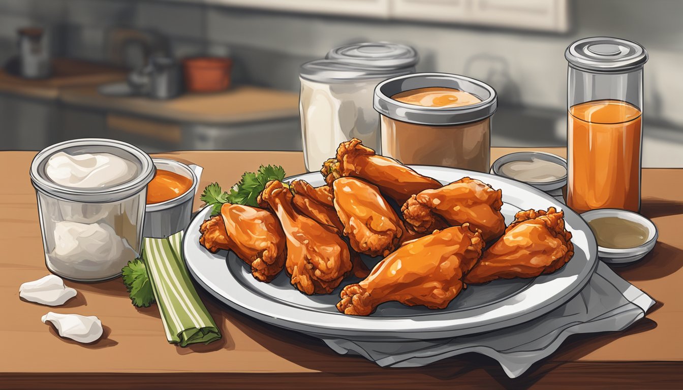 A plate of buffalo chicken wings sits on a kitchen counter, surrounded by empty sauce containers and a crumpled napkin