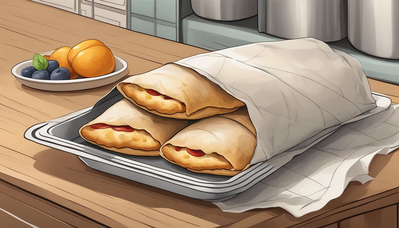 A kitchen counter with a tray of freshly baked calzones, wrapped in parchment paper, ready to be stored in the refrigerator