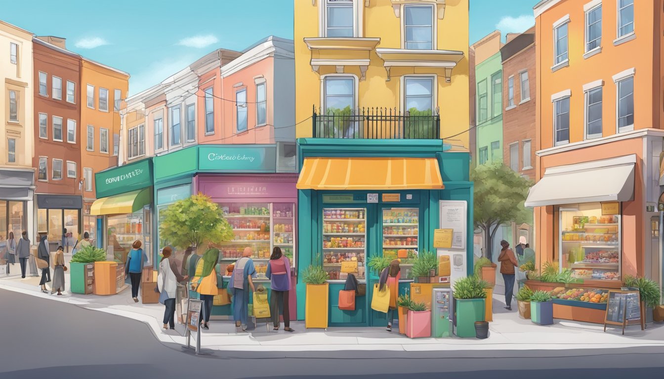 A small, colorful community fridge nestled in a bustling local area, surrounded by diverse shops and people