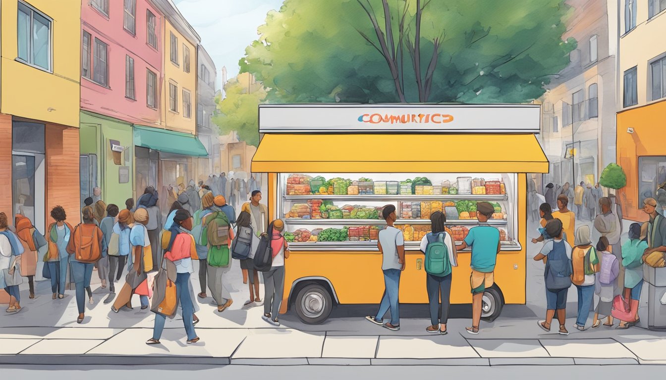 A bustling street with a colorful community fridge surrounded by people donating and taking food