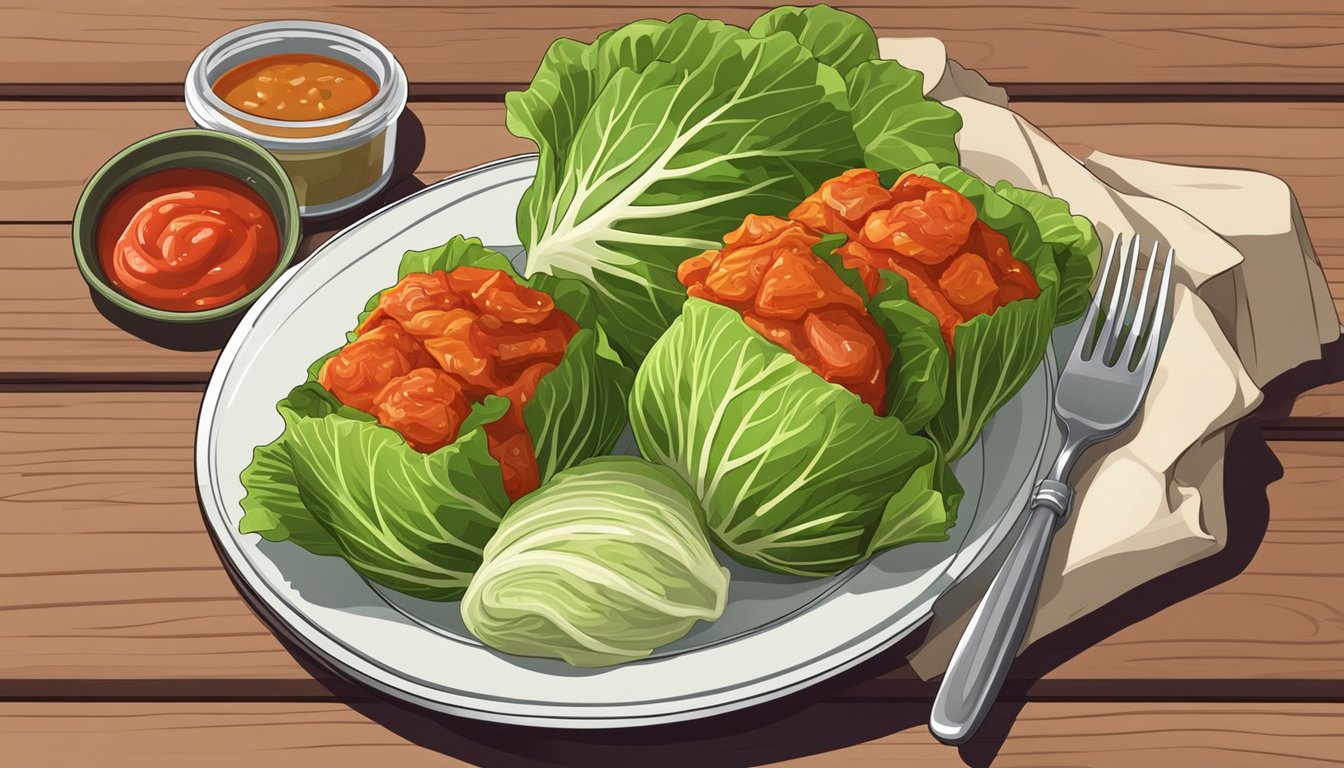 A plate of cabbage rolls sits on a wooden table, surrounded by fresh cabbage leaves and a jar of pickles. The rolls are neatly arranged and topped with a savory tomato sauce