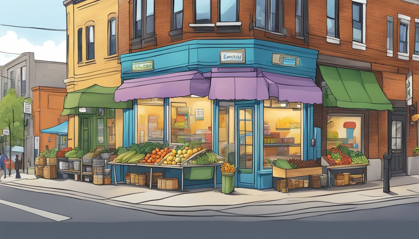 A bustling street corner in Minneapolis, with a colorful community fridge adorned with local artwork and filled with fresh produce and pantry items