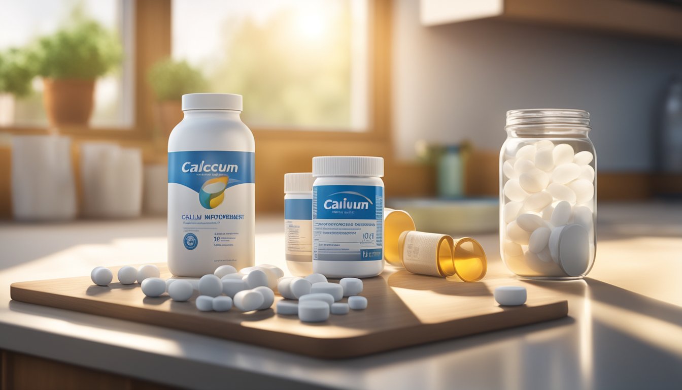 A bottle of calcium supplements sits on a kitchen counter, next to a glass of water and a daily pill organizer. The morning sunlight streams through the window, casting a warm glow on the scene