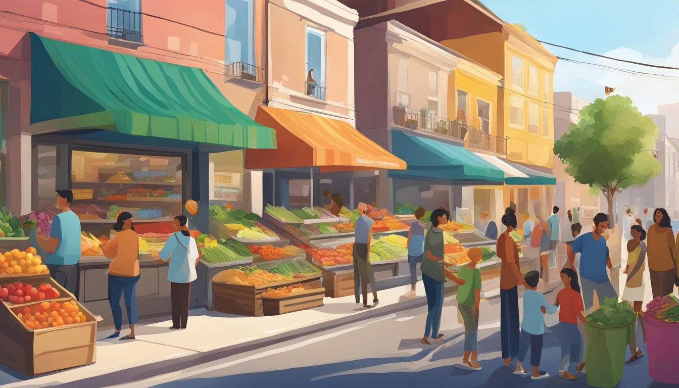 A colorful, bustling street corner with a large, decorated refrigerator filled with fresh produce and food items. People from the community come and go, exchanging items and chatting with each other