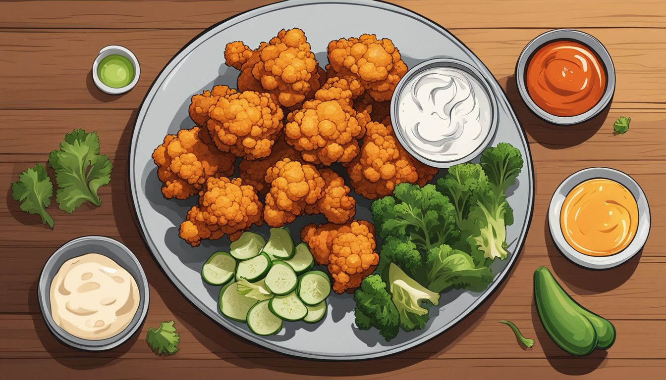 A plate of cauliflower wings sits on a wooden table with a side of dipping sauce, surrounded by fresh vegetables and a glass of water