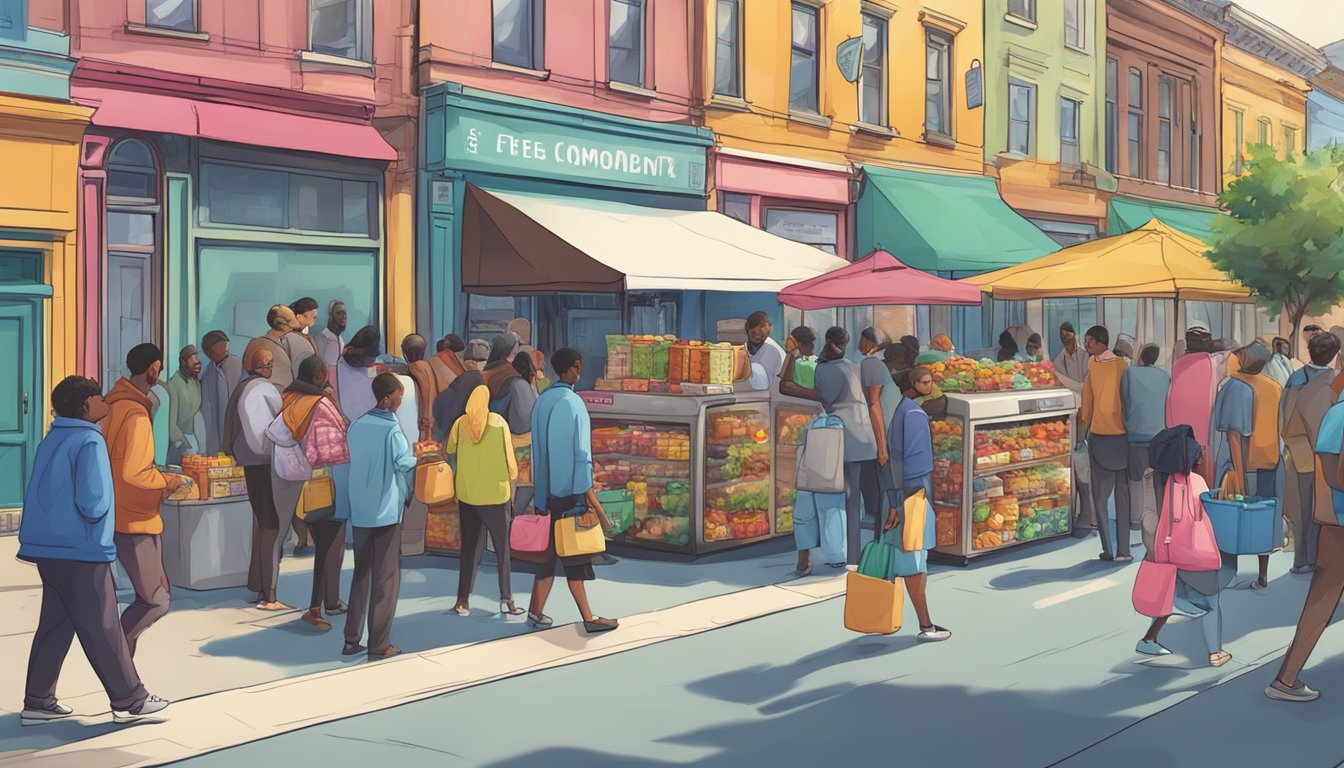 A bustling city street with a colorful community fridge surrounded by people donating and taking food