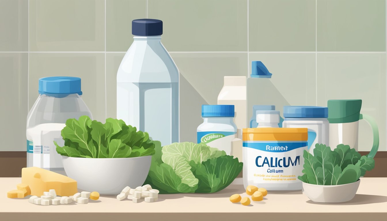 A bottle of calcium supplements sits on a kitchen counter, surrounded by various dairy products and leafy greens. A clock on the wall indicates the passing of time