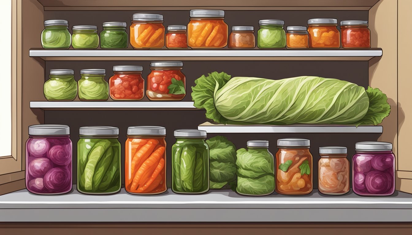 A stack of cabbage rolls on a kitchen shelf, surrounded by jars of pickled vegetables and cans of tomato sauce