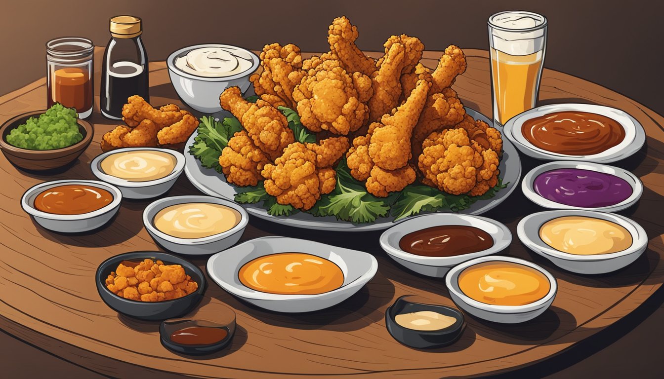 A plate of cauliflower wings sits on a wooden table, surrounded by a variety of dipping sauces. The wings appear crispy and golden brown, ready to be enjoyed