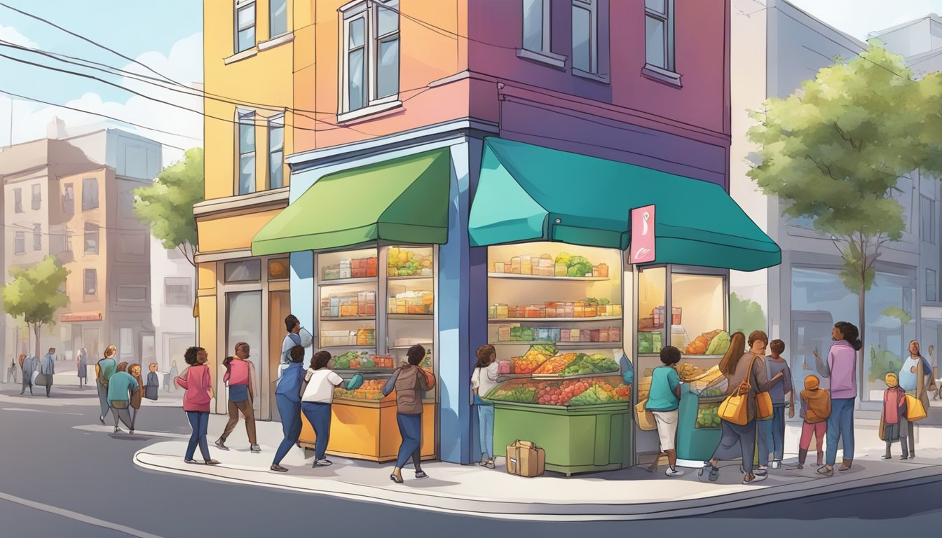 A colorful, bustling street corner with a community fridge surrounded by people dropping off and picking up food items