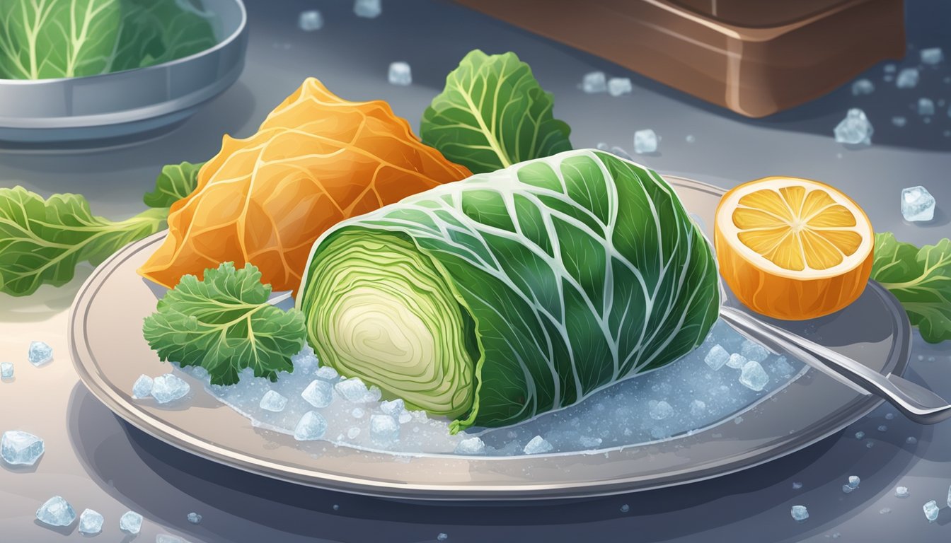 A cabbage roll sits on a plate, surrounded by frost and ice. Slowly, the ice melts away, leaving the cabbage roll glistening with moisture