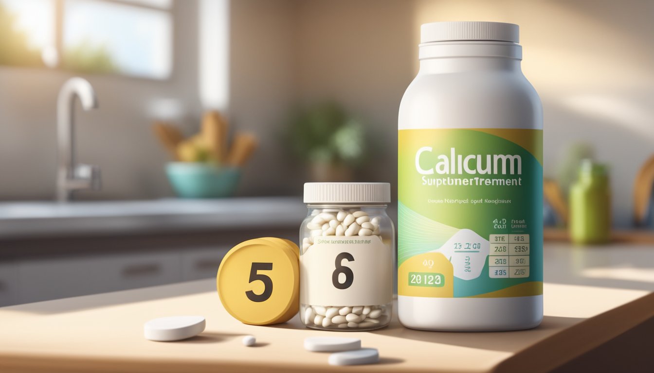 A bottle of calcium supplements sits on a kitchen counter, next to a calendar marking the date of purchase. Rays of sunlight illuminate the room