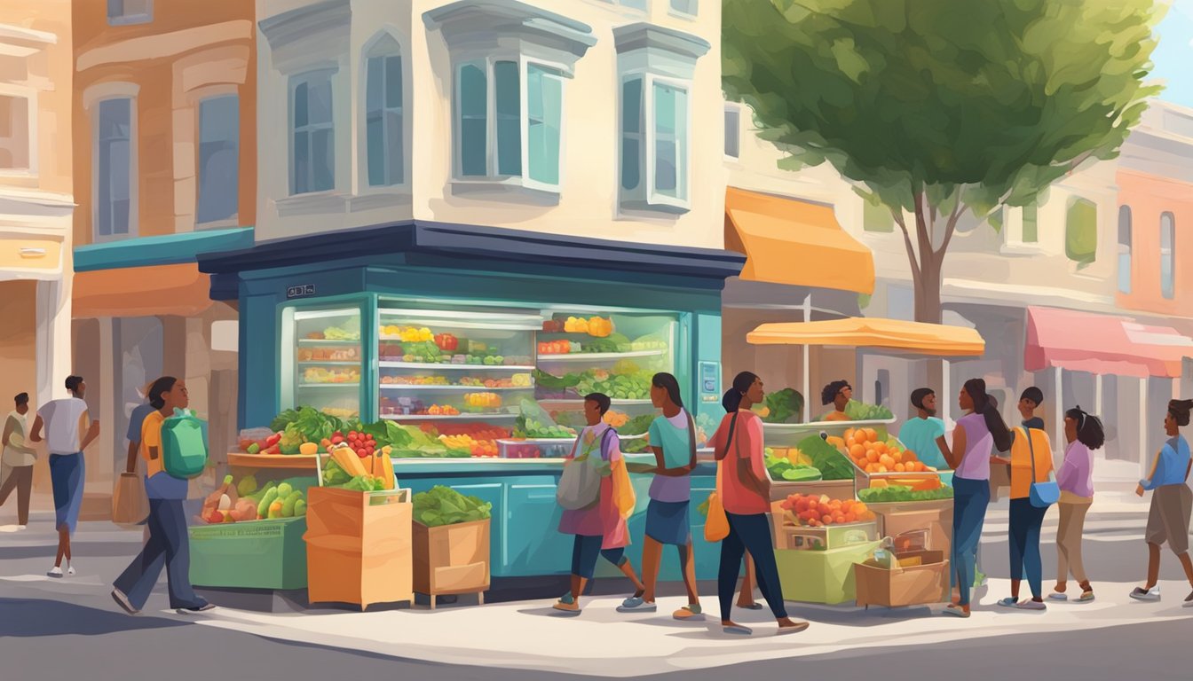 A bustling street corner with a colorful, decorated fridge filled with fresh produce and food items. A diverse group of people stop by to donate and take items from the fridge