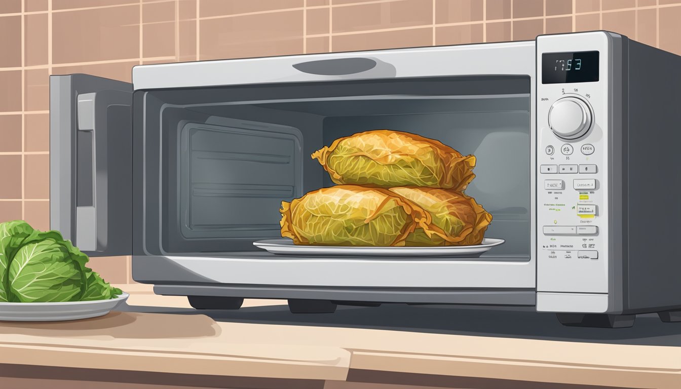 A plate of cabbage rolls sitting next to a microwave with a timer set for reheating