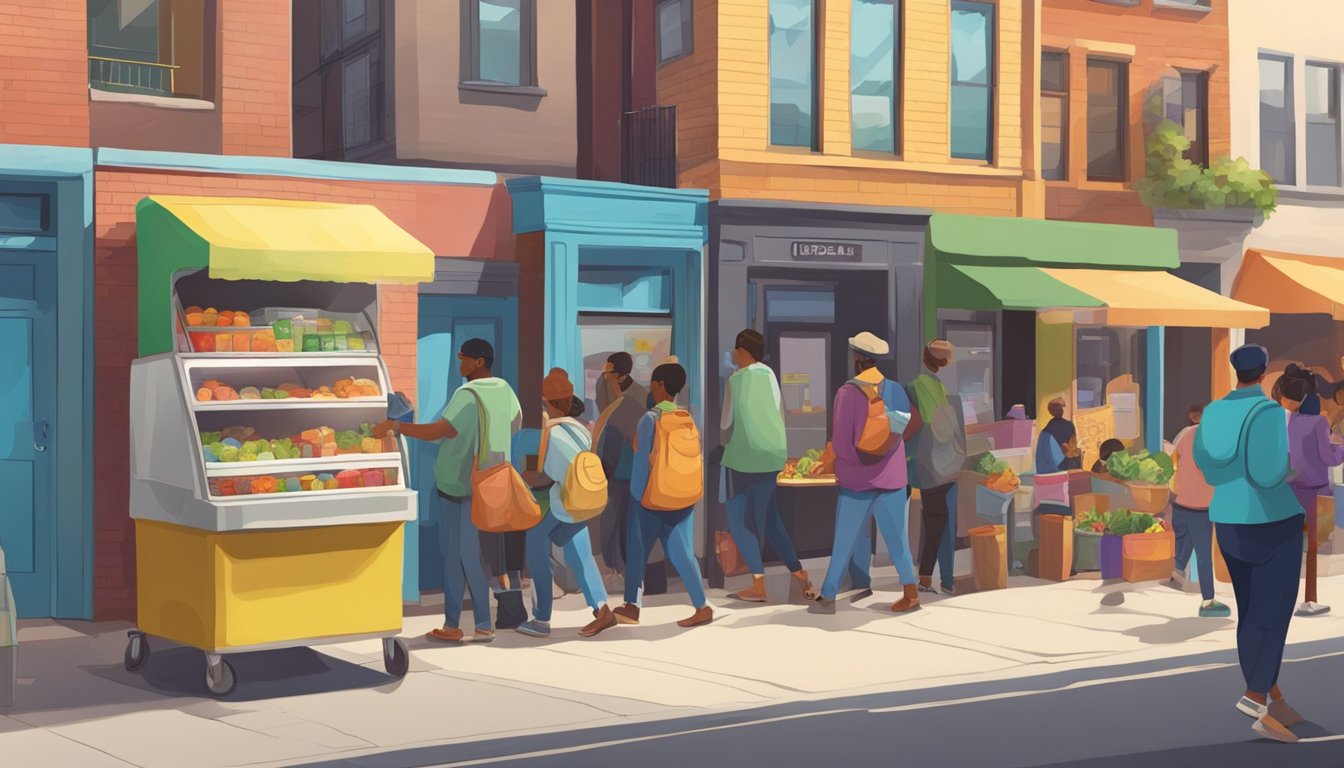 A bustling city street with a community fridge adorned with colorful murals, surrounded by people donating and taking food