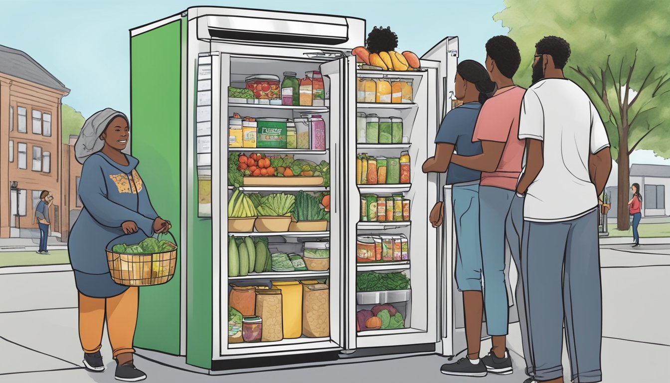 A community fridge in Brockton, MA stocked with fresh produce and non-perishable items, surrounded by a diverse group of people accessing and contributing to it