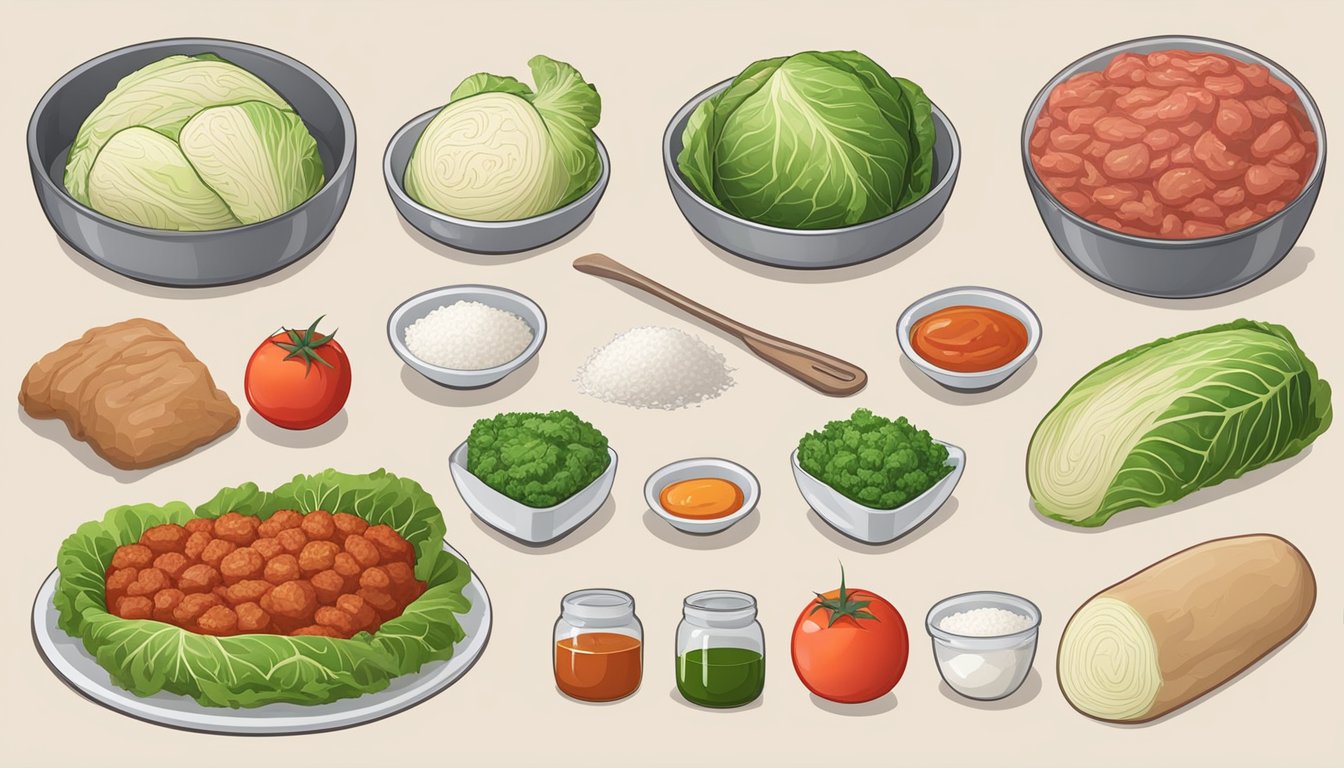 A table set with various ingredients and tools for making cabbage rolls. Ingredients include cabbage, ground meat, rice, and tomato sauce