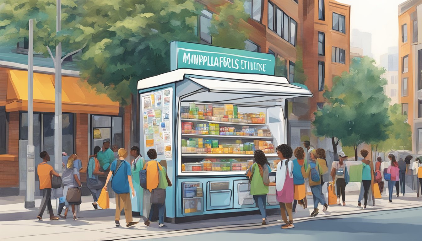 A bustling Minneapolis street with a colorful community fridge adorned with educational and advocacy materials