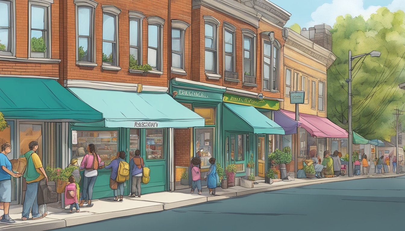 A bustling street corner in Brockton, MA, with a colorful community fridge surrounded by eager residents seeking education and engagement