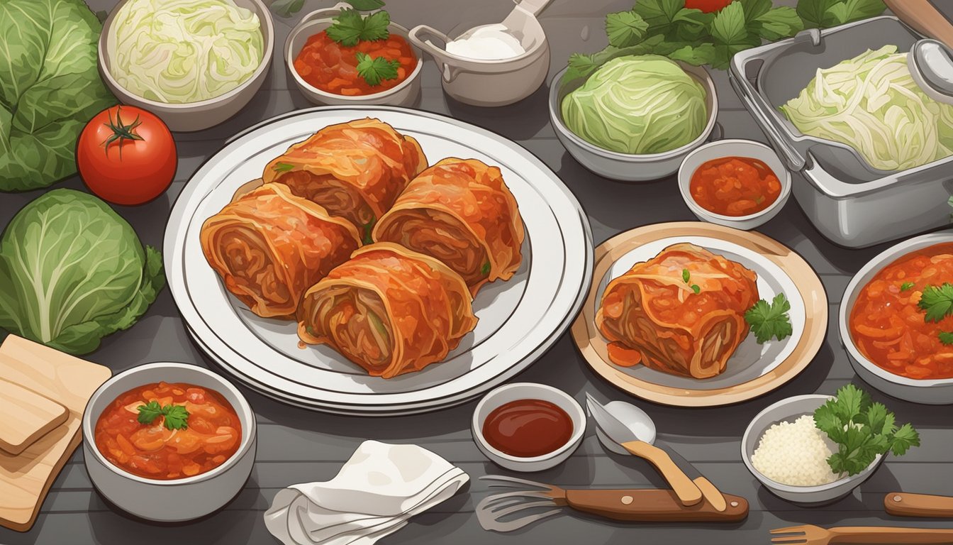 A plate of cabbage rolls sits on a kitchen counter, surrounded by various ingredients and cooking utensils. The rolls are covered in a rich tomato sauce and sprinkled with fresh herbs