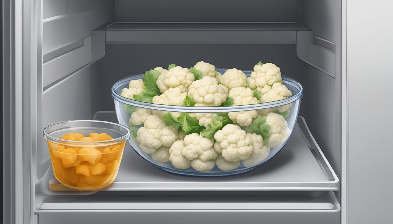 A bowl of cauliflower wings stored in a sealed container in the refrigerator, with a visible date label indicating the expiration date