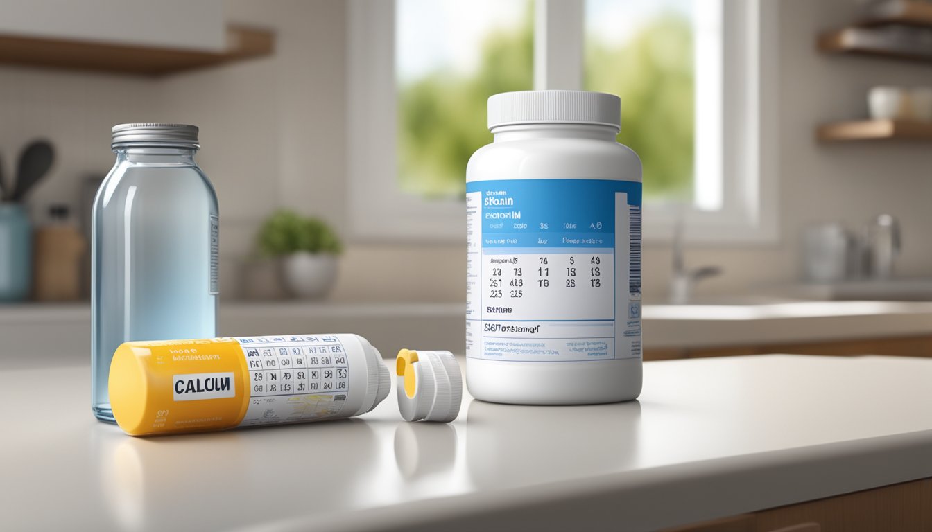 A bottle of calcium supplements sits on a kitchen counter, next to a glass of water and a calendar marking the date of purchase