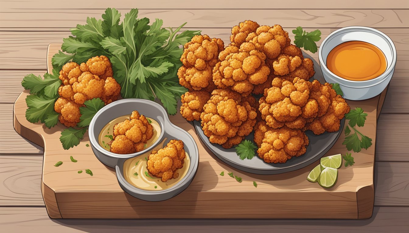 A plate of cauliflower wings sits on a wooden serving board, garnished with fresh herbs and presented alongside a small dish of dipping sauce