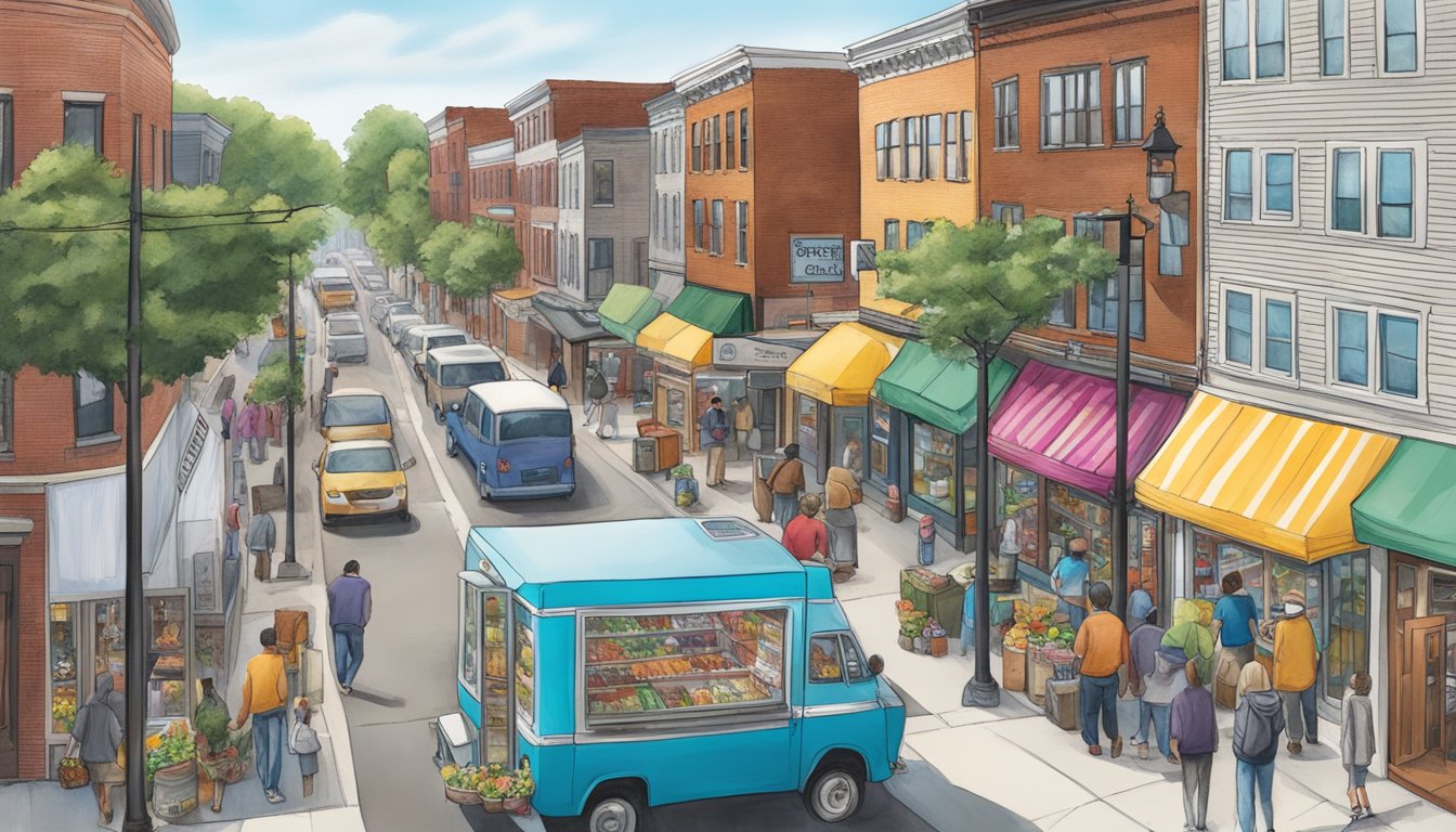 A bustling street in Brockton, MA, with a colorful community fridge surrounded by local businesses and residents