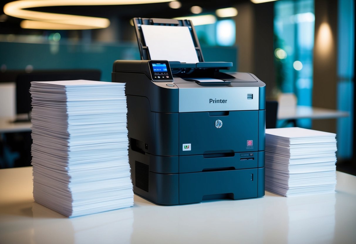 A sleek printer surrounded by stacks of premium A4 paper in a Singapore office setting