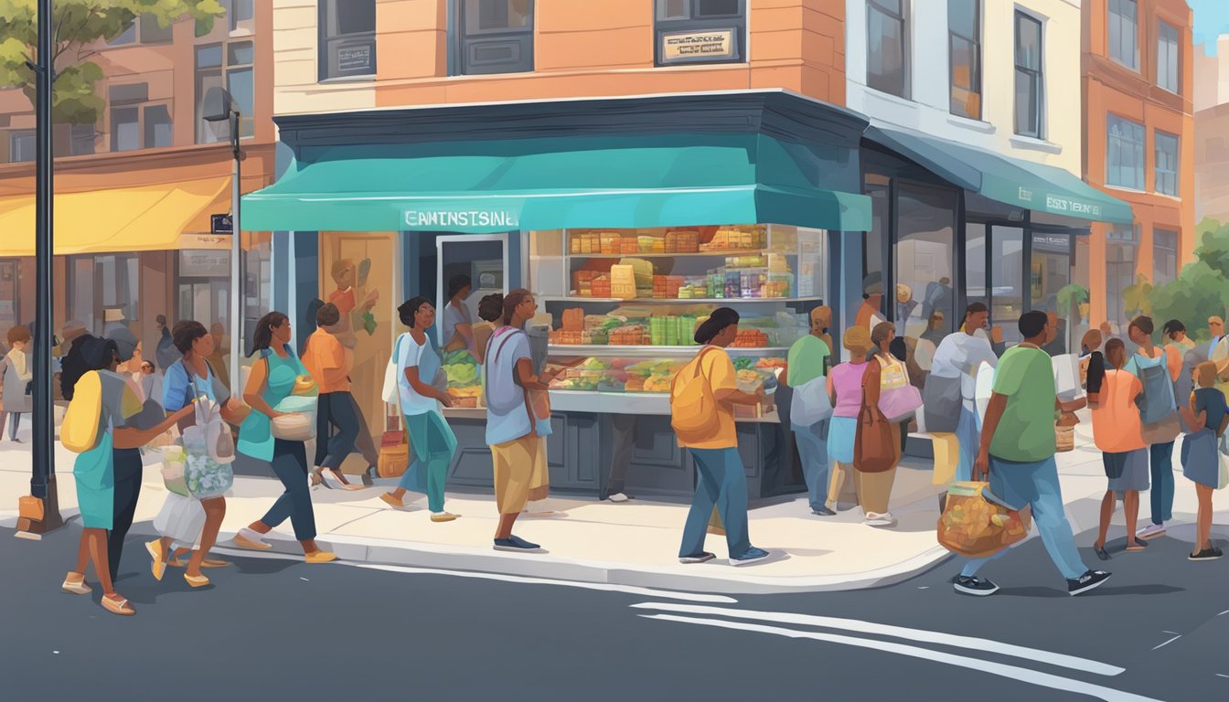 A bustling street corner with a colorful community fridge surrounded by diverse groups of people depositing and taking food items