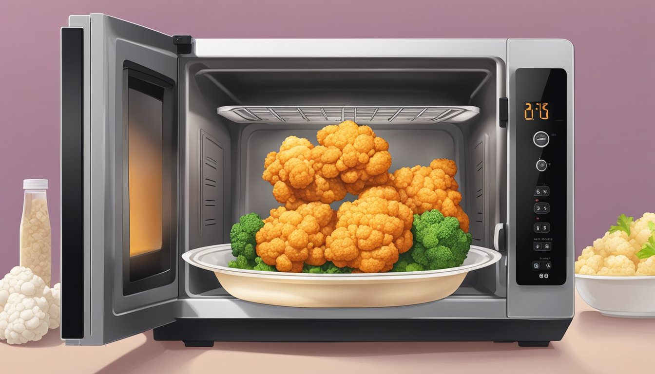 A plate of cauliflower wings sits in the microwave, steam rising as the timer counts down. A container of leftovers is opened, revealing more wings inside