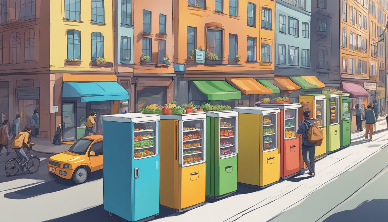 A row of colorful community fridges stands against a backdrop of bustling city streets, with people coming and going, dropping off and picking up food items