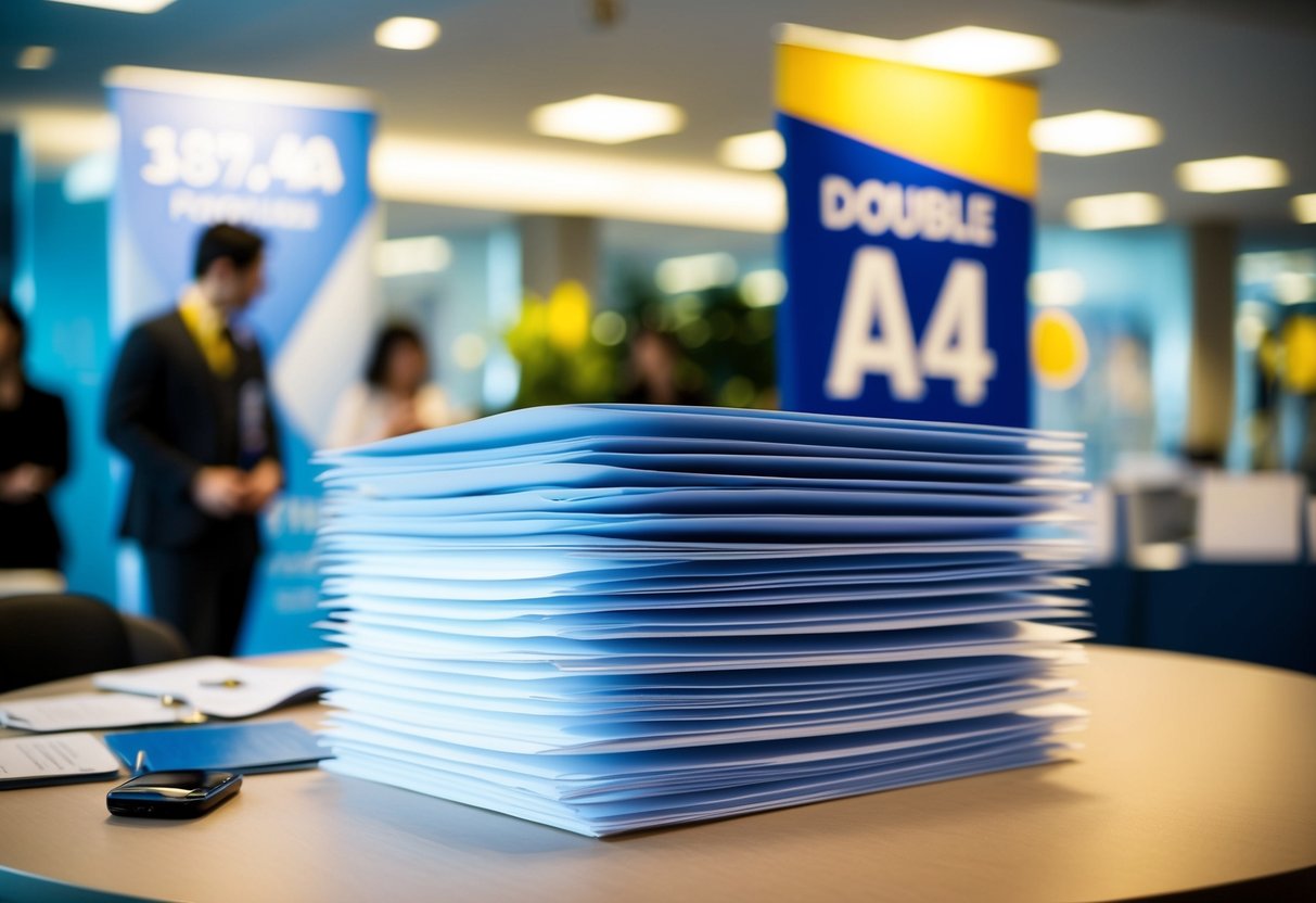 A stack of Double A A4 paper, neatly arranged on a table with a promotional banner in the background