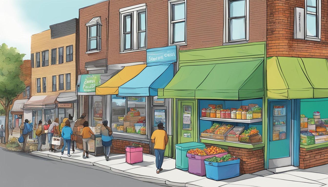 A bustling street corner in Brockton, MA with a colorful community fridge adorned with artwork and filled with donated food items