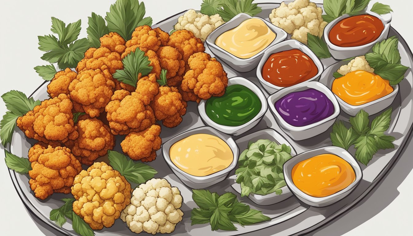 A plate of cauliflower wings in various flavors, surrounded by colorful dipping sauces and garnished with fresh herbs